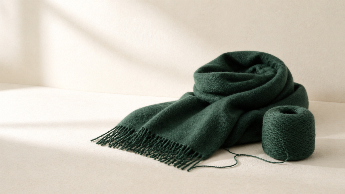 Finished Woolara cashmere scarf beside pure cashmere yarn and a piece in progress