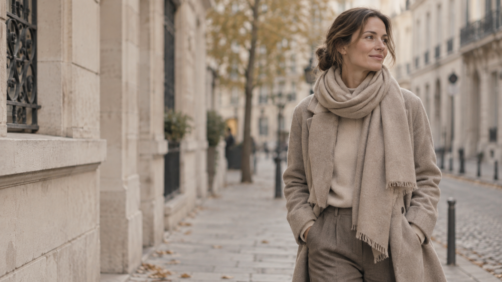 Woolara cashmere scarf worn naturally in everyday European life